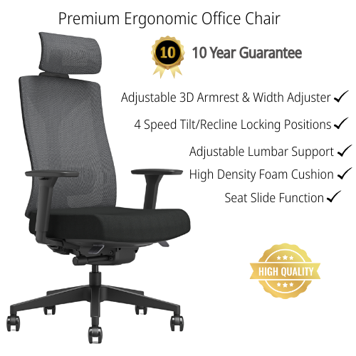 Black mesh ergonomic office chair with adjustable headrest, 3D armrests, lumbar support, and white five-star base; features listed include seat slide, tilt lock, and high-density foam cushion